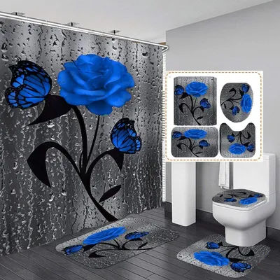 Produktbild von Blumenduschvorhang-Sets mit rutschfesten Teppichen, Toilettendeckel und Badematte, Rose Flower Regentropfen-Duschvorhang mit 12 Haken, wasserdichter Stoff-Duschvorhang Badezimmerdekor