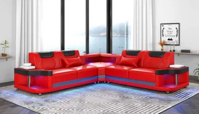 Produktbild von Couch Rot Ecksofa Ledersofa L Form Sofa Moderne Eckgarnitur LED