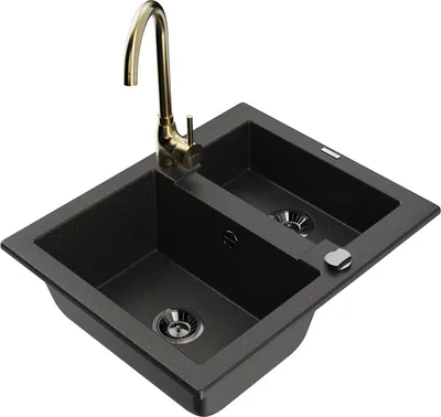 Produktbild von Mexen Carlos 1,5-Becken-Granitspüle mit Mischbatterie Telma, Schwarz/Gold metallisch - 6518-75-670200-50-B