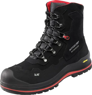 A black work boot with red accents and white laces, shown against a white background.