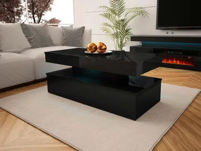 Produktbild von MIRJAN24 Couchtisch 120 Glossa 01 mit blauer LED-Beleuchtung, Kaffeetisch, Modern Tisch, 120x55x50 cm (Farbe: Schwarz / Schwarz Hochglanz)