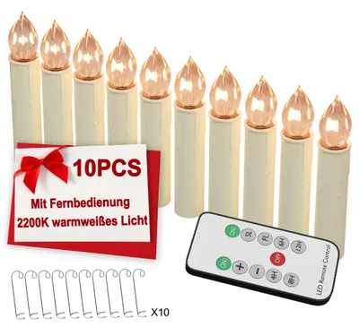 Produktbild von LILIIN LED Kerzen 10er-Set mit Haken, Weihnachtskerzen, Warmweiß, Fernbedienung, Timer, Dimmbar, Flammenlos, inkl. Batterien