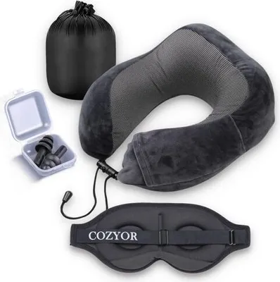 Produktbild von COZYOR Reiseset 3-tlg: Ohrstöpsel + Schlafmaske + Nackenkissen, kuschelig weich & kompakt, verstellbares Nackenhörnchen Memory Foam, Augenmaske 100% dunkel