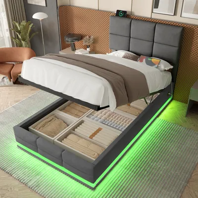Obrázok produktu pre LVHOM Čalúnená posteľ 90x200cm s LED a USB, jednolôžko s hydraulickým systémom, úložná posteľ zamatová látka, pevný rám postele, posteľ s pružinovým boxom, tmavo sivá