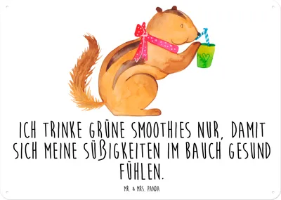 Produktbild von Mr. & Mrs. Panda Blechschild Eichhörnchen Smoothie DIN A5 - Weiß - Geschenk, Türschild, Diät, Retro, Wandbild, Lustige Sprüche, Green Smoothies, Abnehmen, tafel, Schild