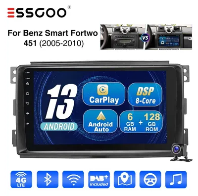 Obrázok produktu pre Autorádio 9 palcov pre Smart Fortwo 451 (2005-2010) s operačným systémom Android 13, DAB+, Carplay, Android Auto, navigáciou GPS, 6 GB RAM, 128 GB úložiskom, 2 DIN, dotykovým displejom a Bluetooth