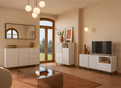 Produktbild von Wohnzimmer Möbel Set in Weiß modern mit Sideboard, Highboard & Lowboard, 3-teilig - AMELIA-129