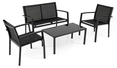 Produktbild von KOMFOTTEU 4-teiliges Terrassenmöbel Set mit Sitzbank, 2 Sesseln & Glastisch