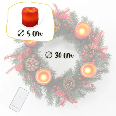 Produktbild von Weihnachtskranz Ø 30 cm mit LED-Echtwachskerzen und Fernbedienung, Deko 54424