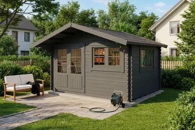 Produktbild von Gartenhaus Gabriel-34 mit Fußboden aus Holz, Gerätehaus 400x300, 10,07 m², 34 mm Wandstärke - Imprägnierung Grau