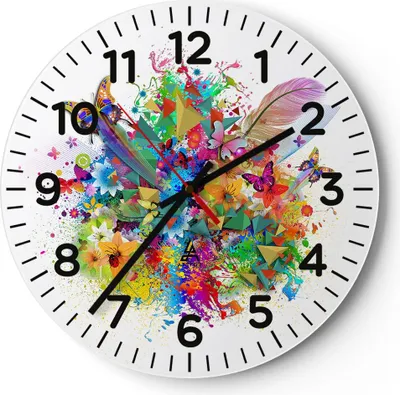 Produktbild von Wanduhr - Rund - Glasuhr - Schmetterling Farbe Blume Komposition - 40x40cm - Schleichendes Uhrwerk - Lautlos - zum Aufhängen bereit - Dekoration Modern - Wanddekoration aus Glas - C4AR40x40-2840