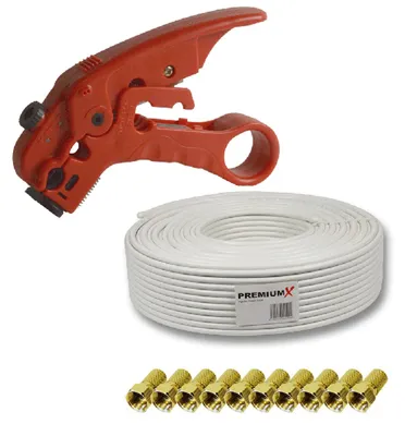 Produktbild von PremiumX XCon CS-100 Universal 2-Stufen Abisolierer für Koaxialkabel + DELUXE PRO Koaxial Kabel 135dB 5-Fach geschirmt, reines Kupfer 25m SAT Antennenkabel + 10 F-Stecker 7,5mm