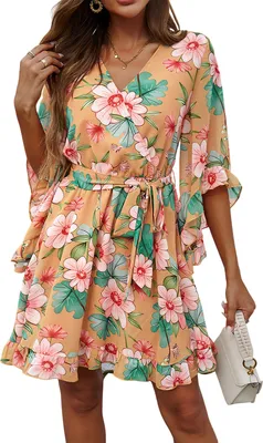 Image de ASKSA Robe d'été Femme Courte Elégante Fleurs Mousseline Col V Robe portefeuille (Orange,M)