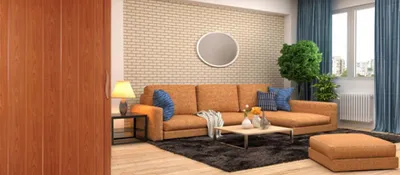 A living room scene with a sofa, coffee table, and a sliding door.