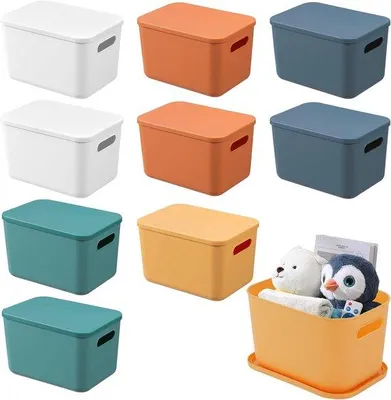 Produktbild von Famanu Aufbewahrungsboxen mit Deckel - 5 Farben - stapelbare Kunststoffkörbe mit Griffen - hochwertige Aufbewahrungskuben für Bad, Küche, Büro - 25 x