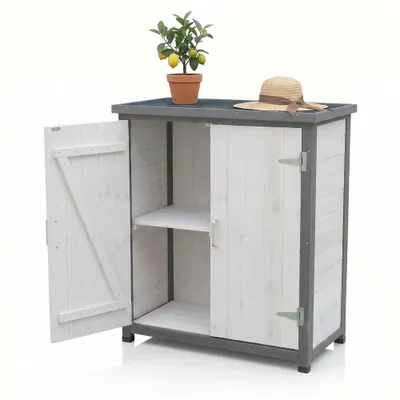 Produktbild von Mucola Geräteschrank Gerätehaus Gartenschuppen Schrank Schuppen Gartenschrank + 2 Türen Pflanztisch Mehrzweckschrank - Weiß/Grau