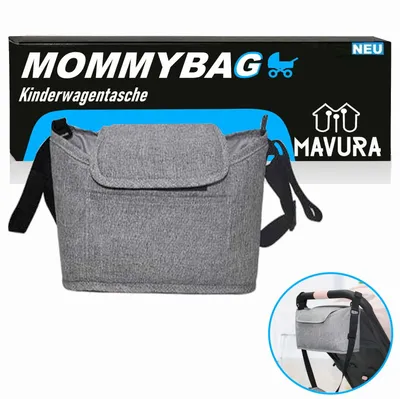 Produktbild von mavura Kinderwagen Organizer, Grau, 30x12x17cm – 2 Getränkehalter, geräumiges Hauptfach, Fronttasche – schnelle Klett-Befestigung für Kinderwagen & Buggy