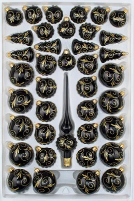 Produktbild von 39 tlg. Glas-Weihnachtskugeln Set in Hochglanz Schwarz Goldene Ornamente