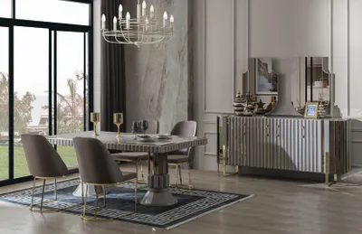 Produktbild von Luxus Essgruppe Esszimmer Esstisch Garnitur Stühle Essecke Grau 5tlg