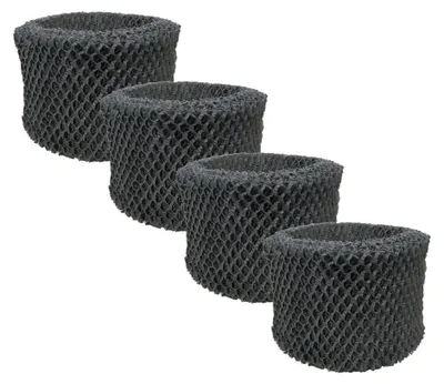 Four dark gray, cylindrical humidifier filters are arranged in a staggered diagonal line against a white background.