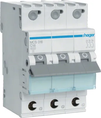 Immagine prodotto di Interruttore LS Hager a 3 poli, 6 kA, caratteristica C, 16 A Hager MCS316, 1 pz.