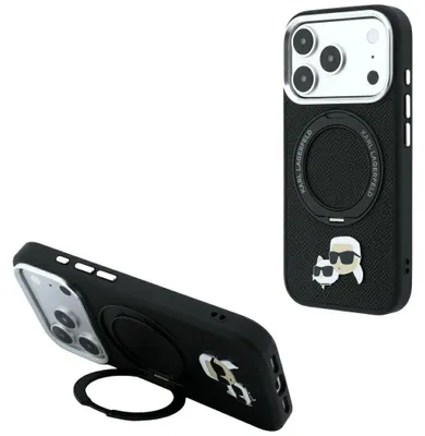 Imagen del producto de Karl Lagerfeld con anillo, soporte de 360 grados, diseño de Karl y Choupette, imán MagSafe, para Apple iPhone 18 Pro Max / 17 Pro Max, color negro
