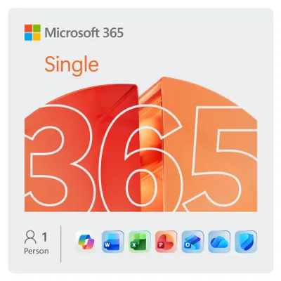Produktbild von Microsoft Office 365 Single, Office-Paket, 1 Lizenz(en), 1 Jahr(e), Mehrsprachig, Windows 10 Education, Windows 10 Education x64, Windows 10 Enterprise, Windows 10 Enterprise x64,..., Mac OS X 10.10 Yosemite, Mac OS X 10.6 Snow Leopard, Mac OS X 10.7 Lion, Mac OS X 10.8 Mountain...
