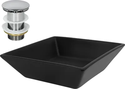 Obrázek produktu pro LuxeBath umyvadlo Čtvercové umyvadlo na desku, 41x41x12 cm, černé, keramické, včetně odtokové soupravy bez přepadu