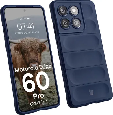 A dark blue phone case for a Motorola Edge 60 Pro is shown from the front and back, with the phone screen displaying a wallpaper.