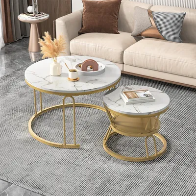 Produktbild von ProximaX Couchtisch Runder Kaffeetisch, 2tlg. mit Marmormuster, 70x44.2cm+45x36cm, Gold/Weiß