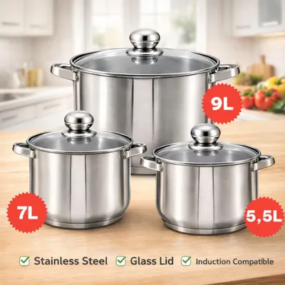 Produktbild von KlönBerg Küchenzubehör-Set | 6-teiliges Induktionskochgeschirr-Set | 5,5 l, 7 l, 9 l | XXL-Töpfe | Edelstahl | Deckel aus gehärtetem Glas | KB2521