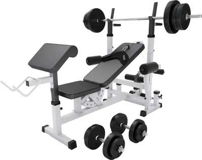 Produktbild von GORILLA SPORTS® Kraftstation mit Gewichten - 170cm Stange, 70kg Hantelset, Beincurler, Butterfly, Dip-station, Curlpult, Weiß