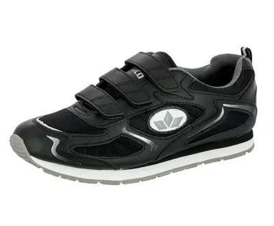 A black jogging shoe with white and gray accents, displayed against a white background.