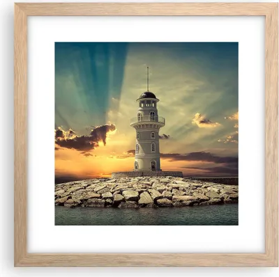 Produktbild von Gerahmtes Poster - Rahmen in heller Eiche - Leuchtturm Wasser Meer Steine - 30x30 cm - Wand Bild - Wanddeko - Wandbilder - Wandposter - Bilderrahmen - Bilder - Kunstdruck - Wandbild - P2NAC30x30-2895