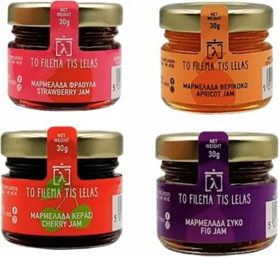 Produktbild von Konfitüre Set, Konfitüre, Marmeladenset,4x30g, Erdbeeren, Aprikosen, Feigen, Kirschen, im Glas, Griechische Konfitüren, Marmelade