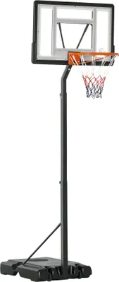 A basketball hoop stand with wheels, shown against a white background.