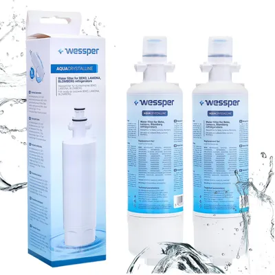 A product shot of two water filters and their packaging, with water splashes.