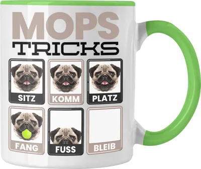 Produktbild von Trendation - Mops Besitzer Tasse Geschenk Lustiger Spruch Geschenkidee Mops Tricks Bleib (Grün)