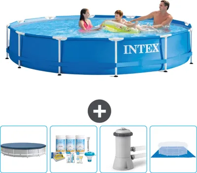 Produktbild von Intex-Schwimmbecken mit rundem Rahmen – 366 x 76 cm – Blau – im Lieferumfang enthalten Abdeckung - Wartungspaket - Filterpumpe für Schwimmbad - Bodenplane