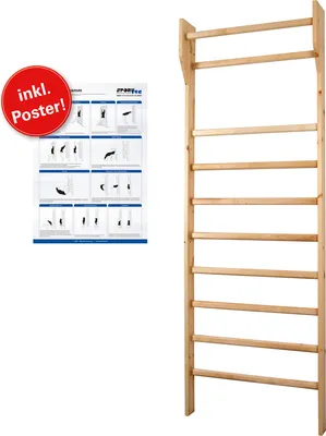 A wooden wall bar system and an instructional poster are shown against a white background.
