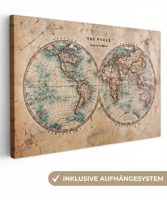 Obrázek produktu pro OneMillionCanvasses® - Plátna - Mapa světa - Vintage - Papyrus - Děti - Chlapec - Dívka, nástěnné umění, nástěnné dekorace Obývací pokoj, 60x40cm