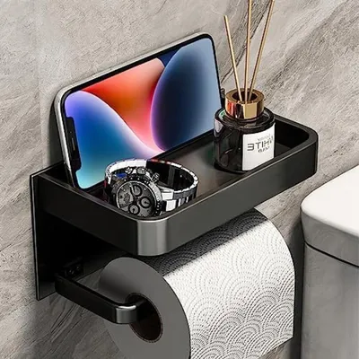 Productafbeelding van PromoHome® toiletrolhouder met opbergruimte – Wandmontage zonder boren, roestvrij staal, zwart, 18x9x9 cm