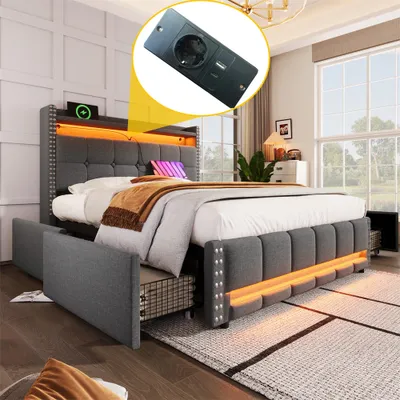 Image de Sweiko Lit rembourré 160*200 cm, Tête de lit avec étagères et espace de rangement avec 4 tiroirs, Lit double pour adultes, Gris