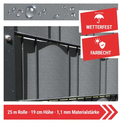Produktbild von Arvotec Sichtschutzstreifen | 25m Rolle, Fenstergrau | besonders Stark mit 1,1 mm, keine Klemmschienen nötig | UV- und witterungsbeständig