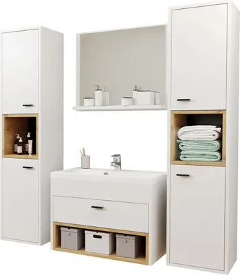 A modern bathroom vanity set with two tall cabinets and a central sink unit, displayed against a white background.