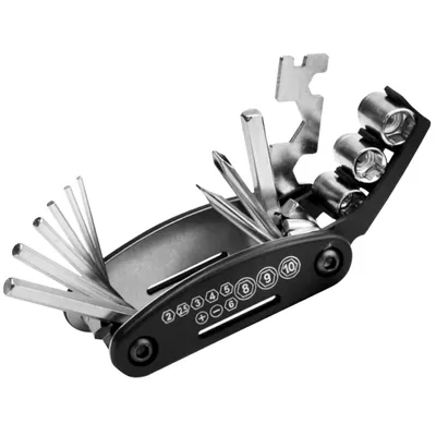 Produktbild von Fahrrad-Multitool 16-in-1 Reparaturset mit Tasche, Werkzeug-Set inkl. Flickzeug, Reifenheber & Kleber, EVI BIKE, Silber-Schwarz