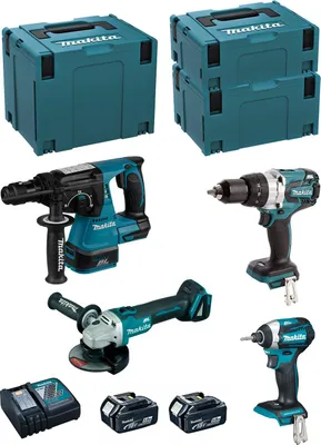 Produktbild von MAKITA Kit MK408RTJ (DHR243 + DHP481 + DTD154 + DGA504 + 2 x 5,0 Ah + DC18RC + MAKPAC 2 + MAKPAC 3 + MAKPAC 4)