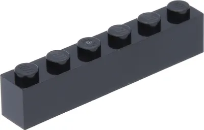 A single black Lego brick with six studs is shown from a slightly elevated side angle against a white background.