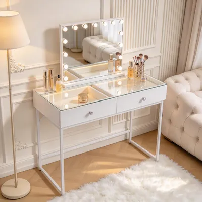 Image de Coiffeuse avec Miroir LED, 2 Tiroirs Blanc 100 x 55 x 127 cm