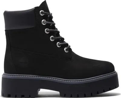 A black Timberland boot on a white background.